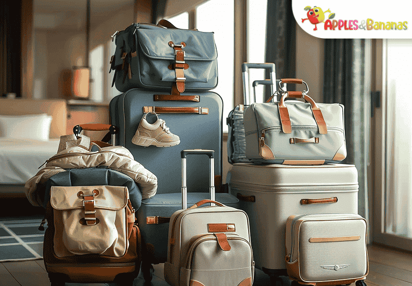 A happy family with young children sitting at an airport gate, surrounded by luggage, toys, and snacks, preparing for a fun vacation.